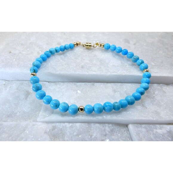 Blue Arizona Turquoise Round Beaded Gold Bracelet 4mm Beads Handmade - Picture 3 of 4